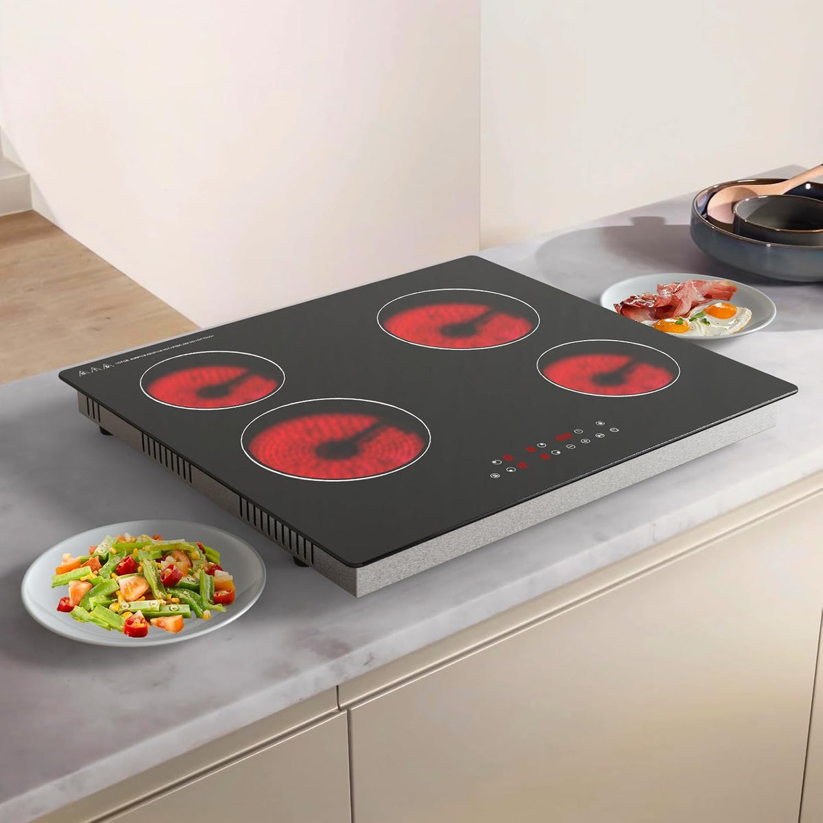 Tables de cuisson Nardea – 60 cm | 6000 W, Noir – Plaque Vitrocéramique 4 Foyers | Commande Tactile par Paliers