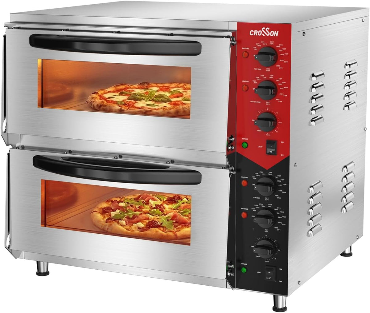 Électroménager spécialisé crosson | 50CM, 6000 W – Argent/Rouge/Noir | Four Pizza Electrique Professionnel Double avec 50 * Pierre de Cuisson