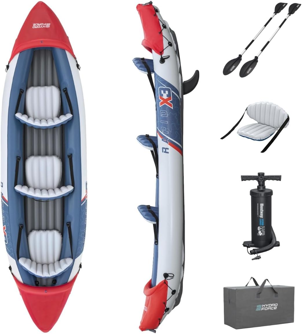 Kayaks Bestway | Rouge/Bleu/Gris/Blanc, Hydro-Force 3 Person Inflatable Kayak Set avec Aluminium Oars and Hand Pump