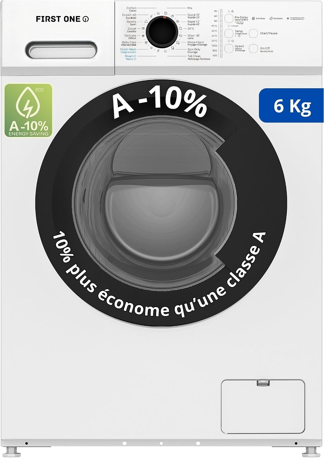 lave-linge First One | machine à laver, 6 Kg – Blanc/Noir | frontal FLL61000WH - - 1000 tr/mn - 16 programmes - Eco - Intensif - Rapide