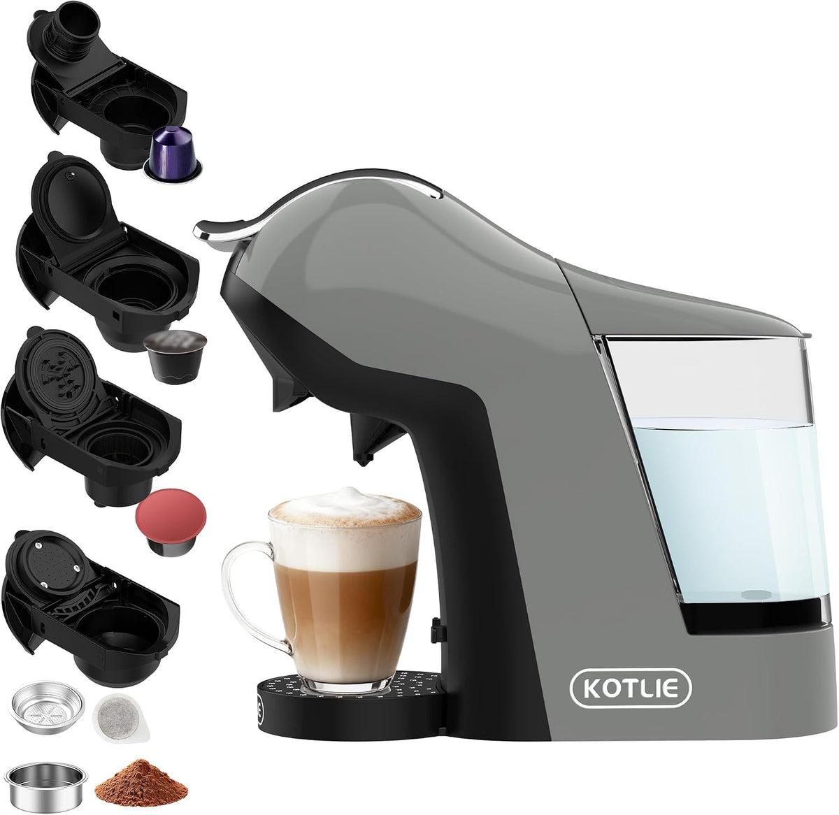 machine à café KOTLIE – cafetière | 1 L, Gris/Noir – EM-308B 5 en 1 | multi-capsules et poudre, 3 températures – 7 niveaux d'eau