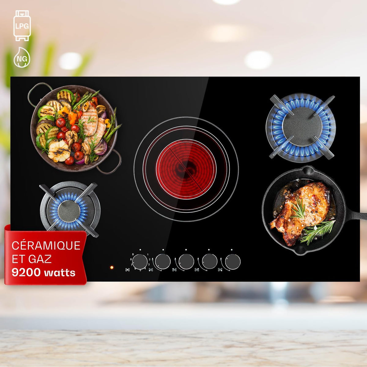 table de cuisson KLARSTEIN – 9.2 kW | Noir, Plaque de Cuisson Mixte Gaz et Vitrocéramique 5 Feux – Vitro de en Acier Inoxydable