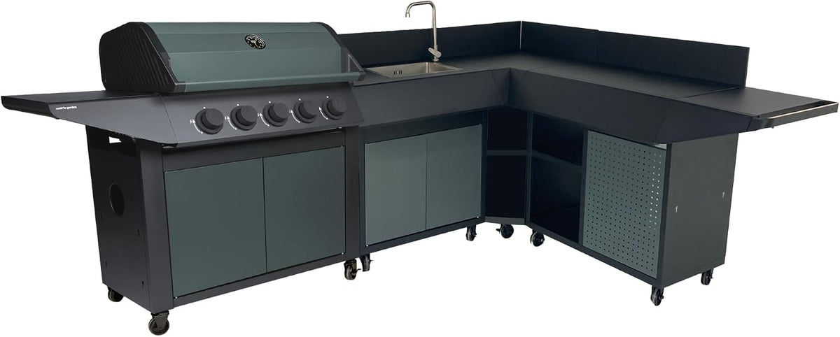 Cook'in garden fumoir, Noir/Gris – Cuisine Extérieure Gaz BURN | Barbecue Modulable avec Angle, 5 brûleurs