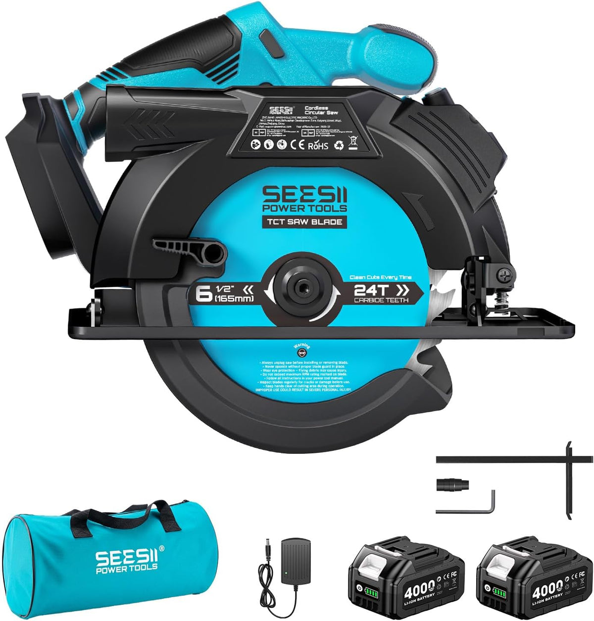 scie circulaire Seesii | 165 mm, 5200 RPM – Noir/Bleu | Sans Fil avec Batterie et Chargeur, Profondeur Max 90°