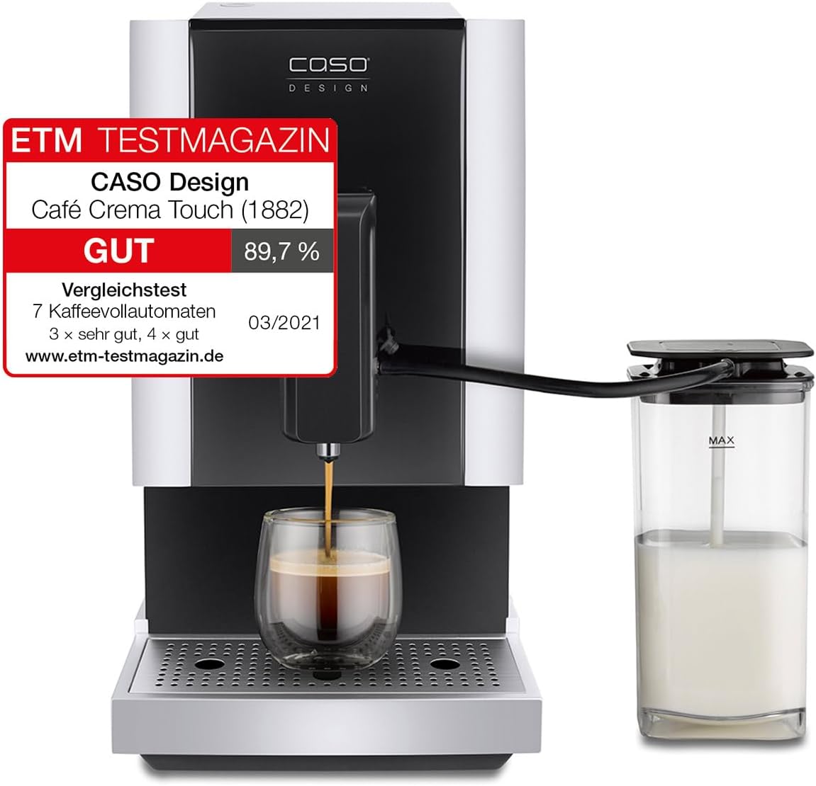 machine à café Caso | cafetière, Noir/Acier – Café Crema Touch automatique design avec tuyau et réservoir à lait | broyeur conique réglable en continu