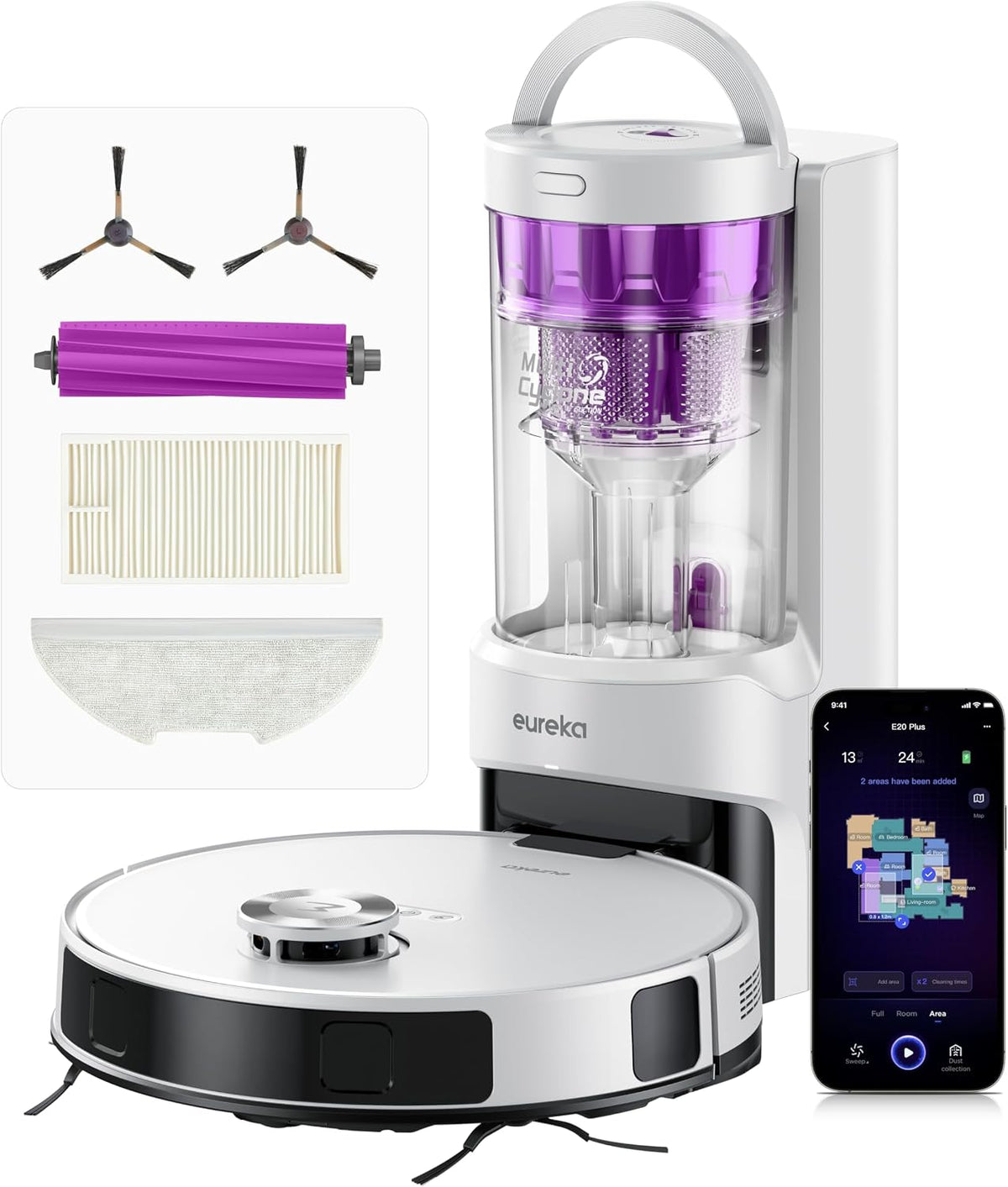 robot aspirateur EUREKA – aspirateur robot | Blanc/Noir/Violet, E20 Plus de 8000 Pa avec Station de Vidange Automatique sans Sac