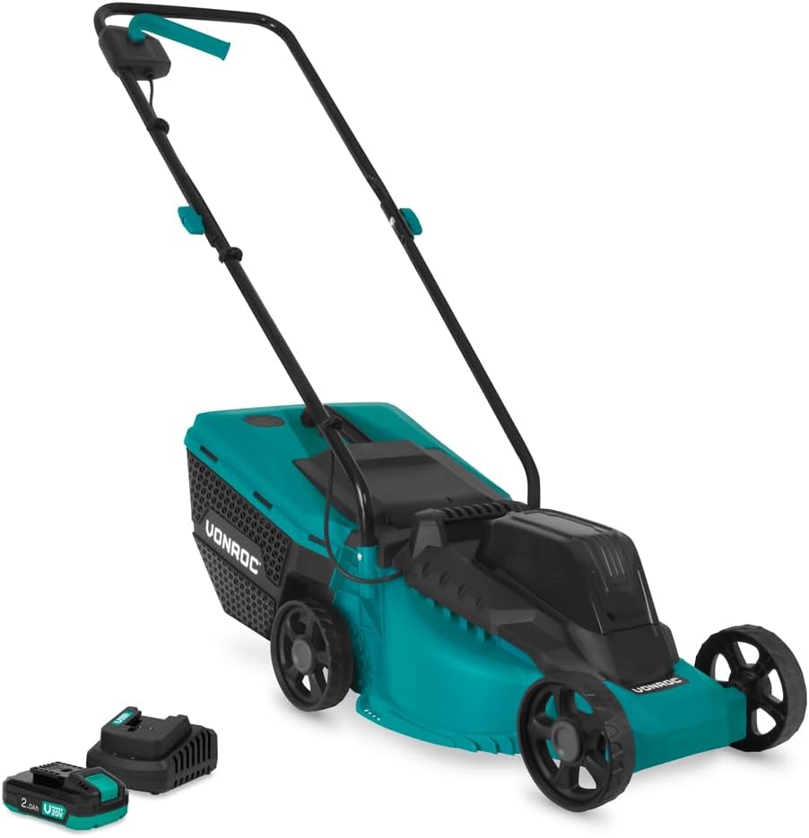 VONROC tondeuse à gazon, 20 V – 32 cm | 70 mm, 30 L – 2.0 Ah | Noir/Vert, Sans Fil – Largeur de Coupe | Moteur Brushless