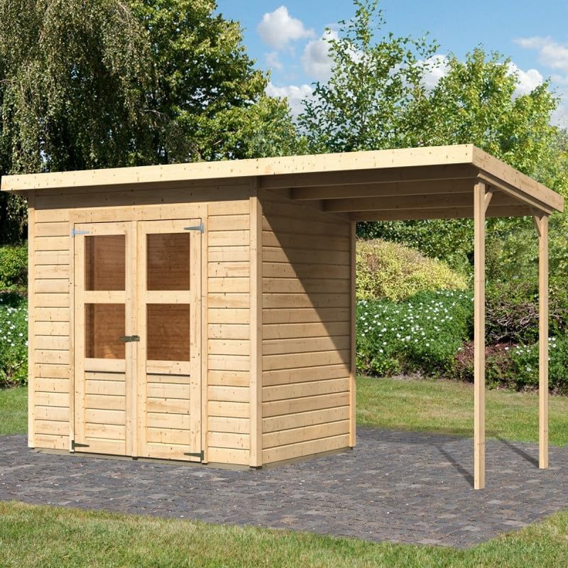 Abris de jardin Karibu | 3,3 m, Bois Naturel – Abri de Jardin Bois Brut Merseburg 3 | ² avec Appentis, Double Porte Semi-Vitrée
