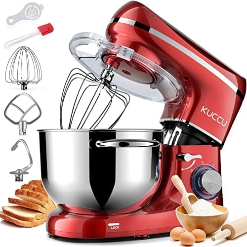 robot pâtissier KUCCU | 1500 W, 7 L – Rouge | Robot Patissier, double poignées Robot Pétrin Professionne – 6 Vitesses + P avec Crochet
