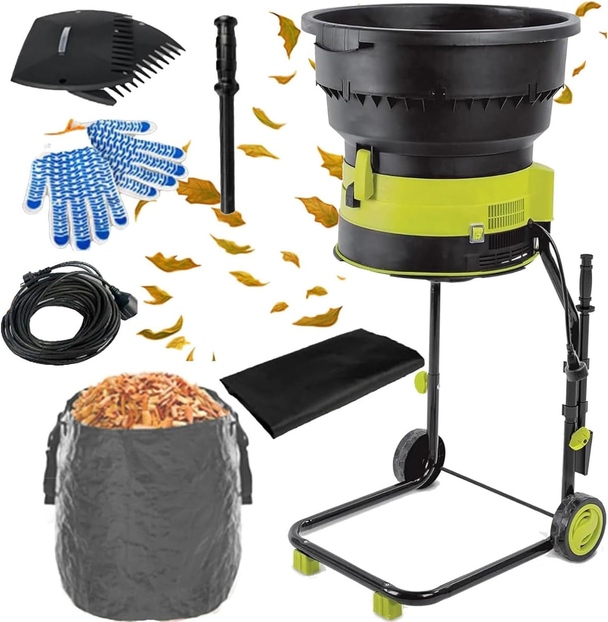 broyeur | 208 l/min, 2500 W – Noir/Vert/Bleu | de feuilles électrique avec roues et sac de rangement