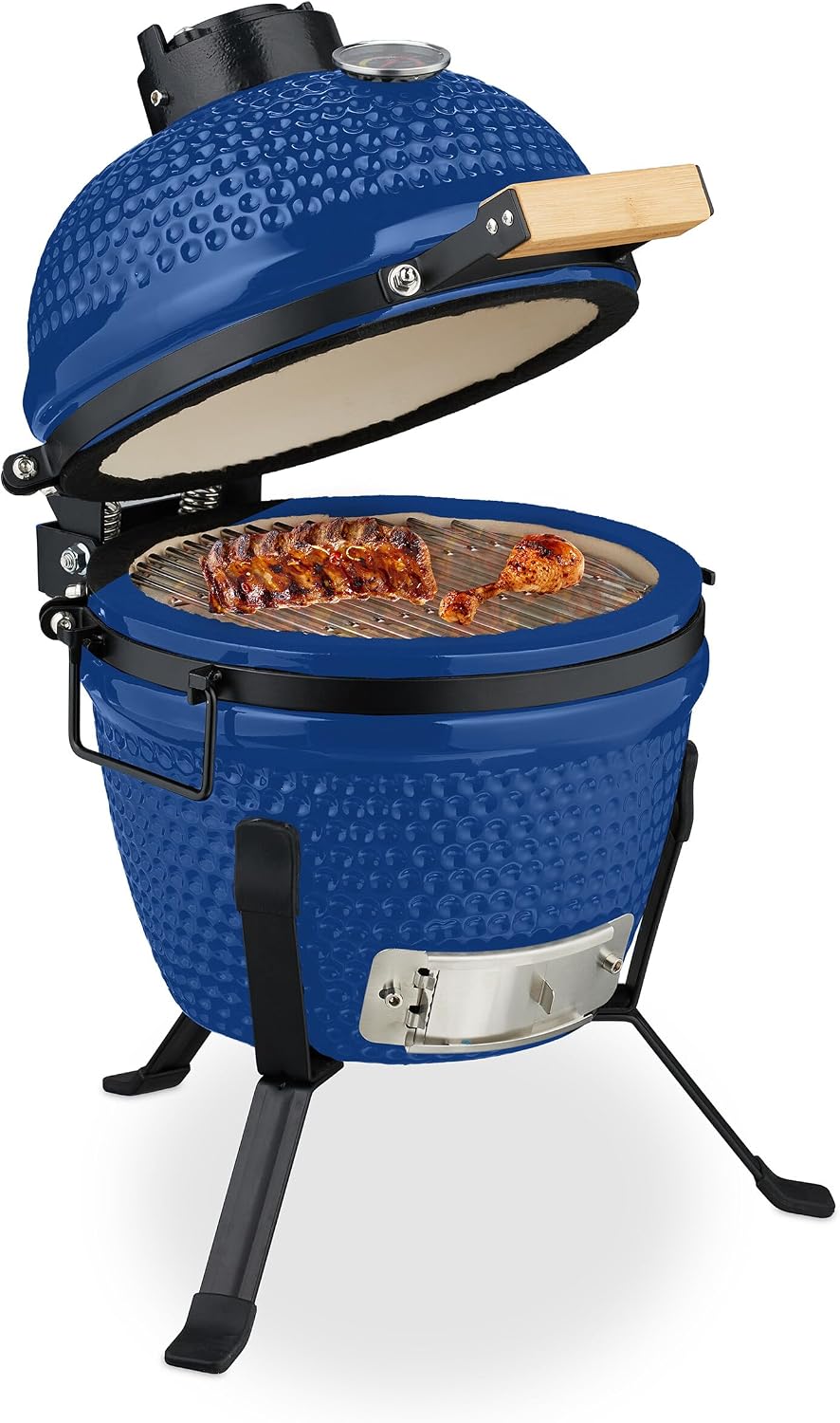 Relaxdays fumoir, 26 cm – Bleu | Barbecue Kamado, Grill Japonais céramique avec thermomètre 450°C – grillade