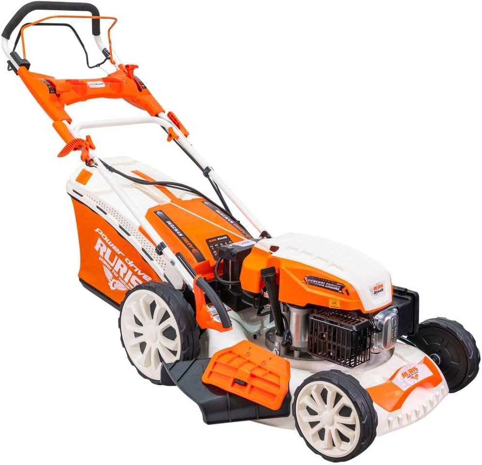 tondeuse à gazon RURIS POWER pour NATURE – 51 cm | 2000 m, 65 L – Orange/Blanc/Noir | RURIS Thermique RX441S 5, Démarrage Électrique