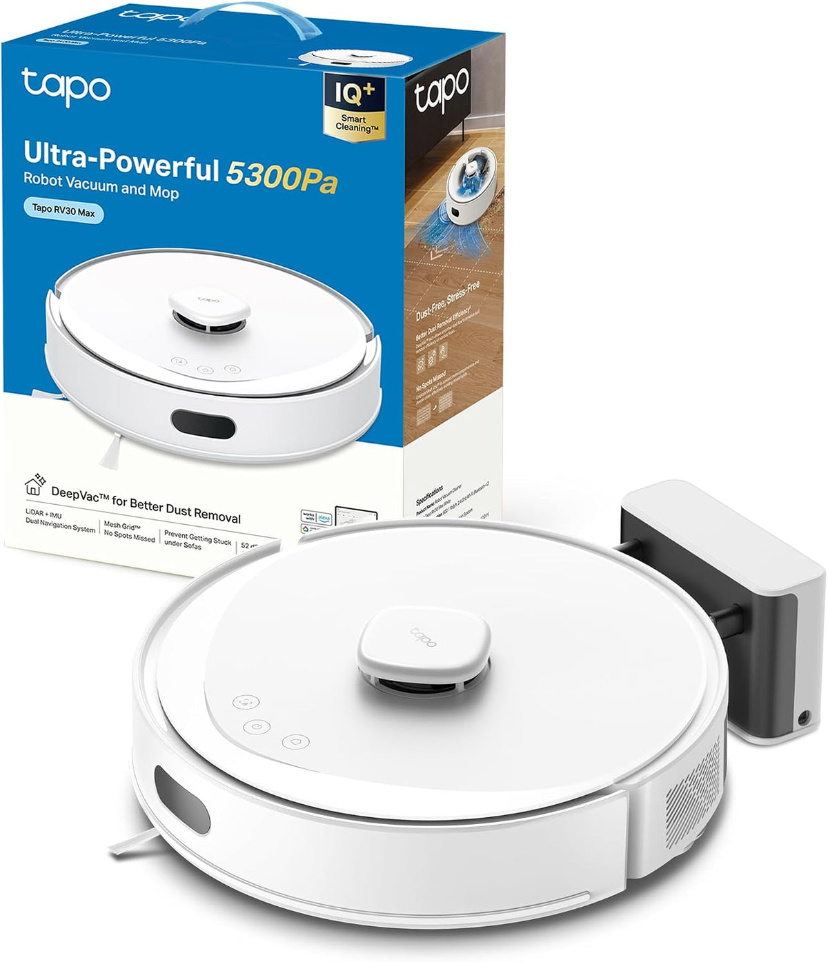 Tapo robot aspirateur, Blanc – Aspirateur Robot Laveur 2 en 1 RV30Max White | Silencieux et fin, Ultra puissante de 5300Pa