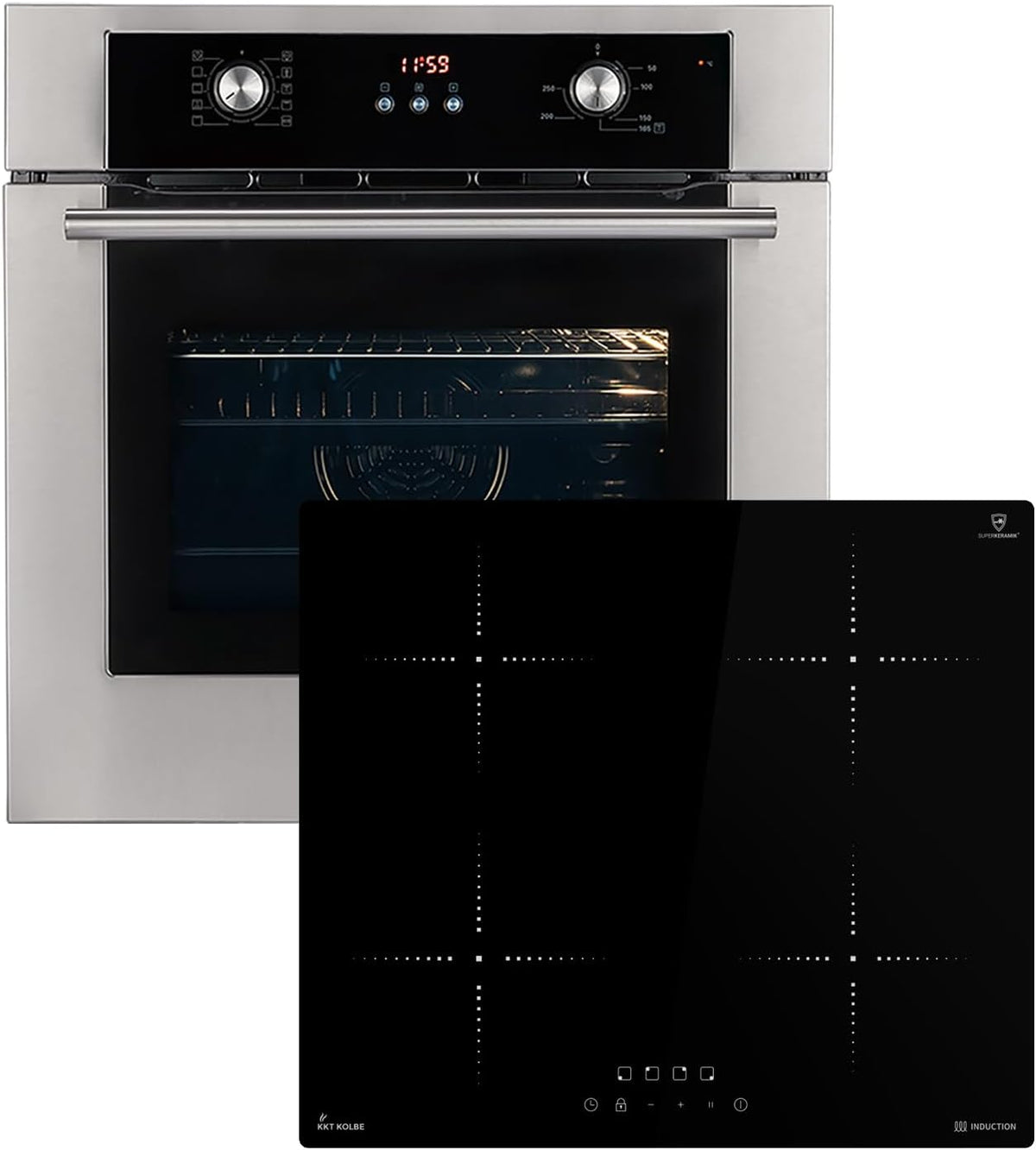 KKT KOLBE four encastrable, 7000 W – 60 cm | 59 cm, Noir/Argent – Cuisinière: BO8810SS + Plaque Induction IH85900RL