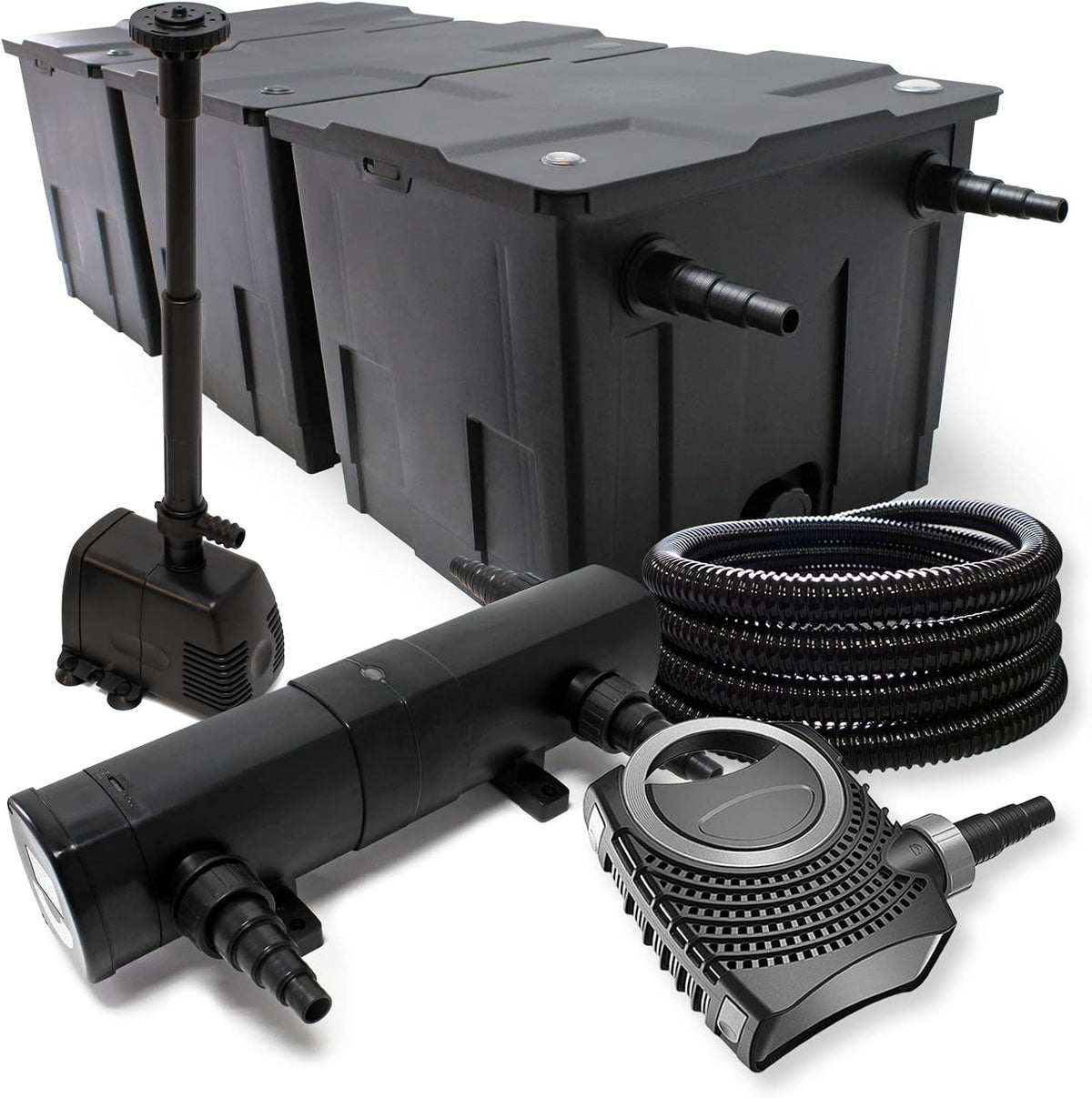 Pompes WilTec | 90000 L, 10000l – 80 W | 18 W, 25 m – Noir | Kit complet: CBF-350C Filtre de bassin jusqu'à, NEO10000 pompe de filtration /h