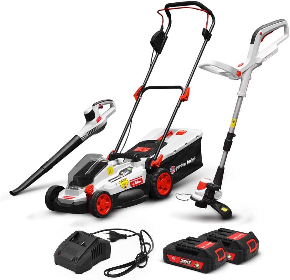 tondeuse à gazon ELEM GARDEN TECHNIC | 20 V, Noir/Blanc/Rouge – Kit 3 Machines Rechargeables Max + 2 Batteries