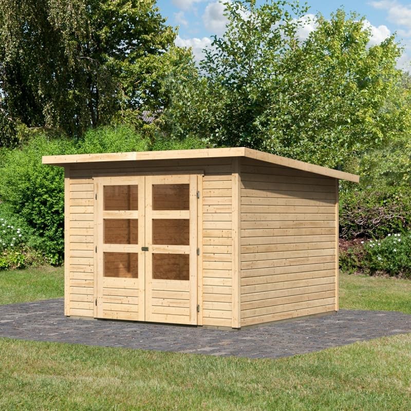 Abris de jardin Karibu – 6,05 m | Bois Naturel, Abri de Jardin Bois Massif ² Stockach 4 – Double Porte Vitrée