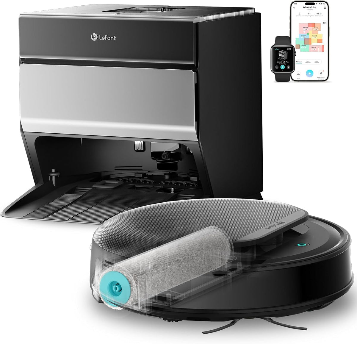 Lefant robot aspirateur, aspirateur robot – 8 mm | 5G, 2,4G – Noir/Argent | M5 Pro Laveur, 18000 Pa, Nettoyage Automatique instantané avec