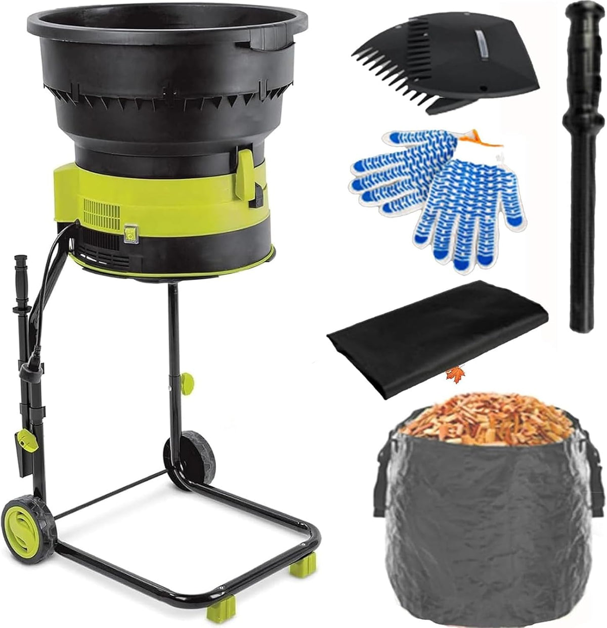 WaaYb broyeur, 208 l/min – 2500 W | 8000 TR/Min, 54 cm – Noir et vert | de Feuilles électrique, Compost avec Roues