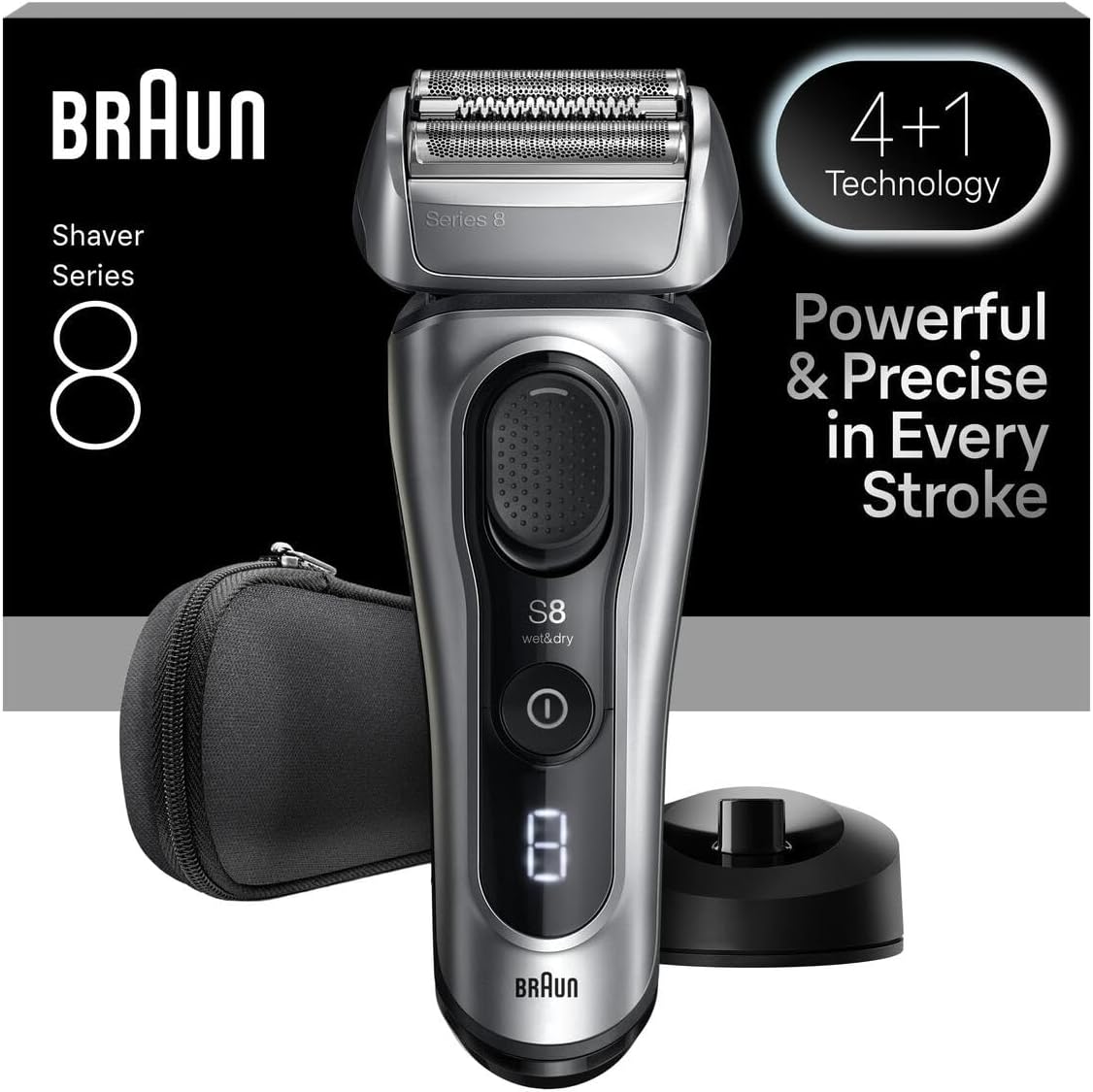 Rasoirs à grille Braun | Argent/Noir, Rasoir électrique Series 8 pour homme – tête de précision 4 + 1 | SensoAdapt pour toutes les densités de barbe