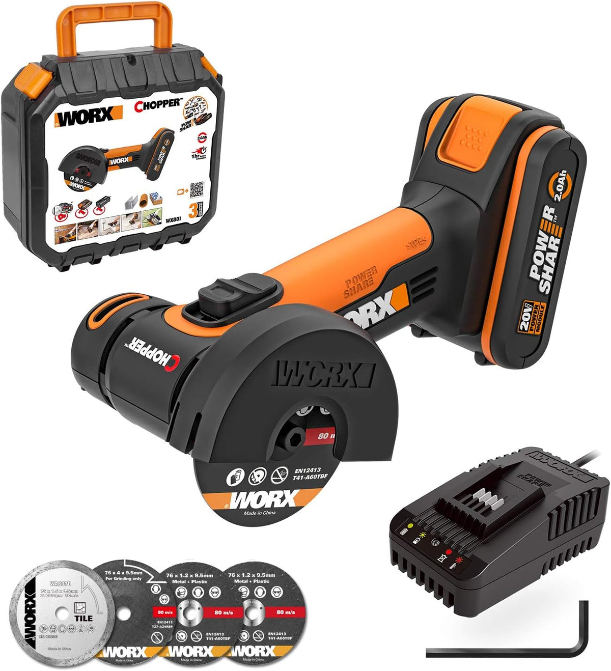 Outillage électroportatif WORX – 18 V | 20 V, 2,0 Ah – 76 mm | Noir/Orange, WX801 Meuleuse d'angle ( MAX) – sans fil
