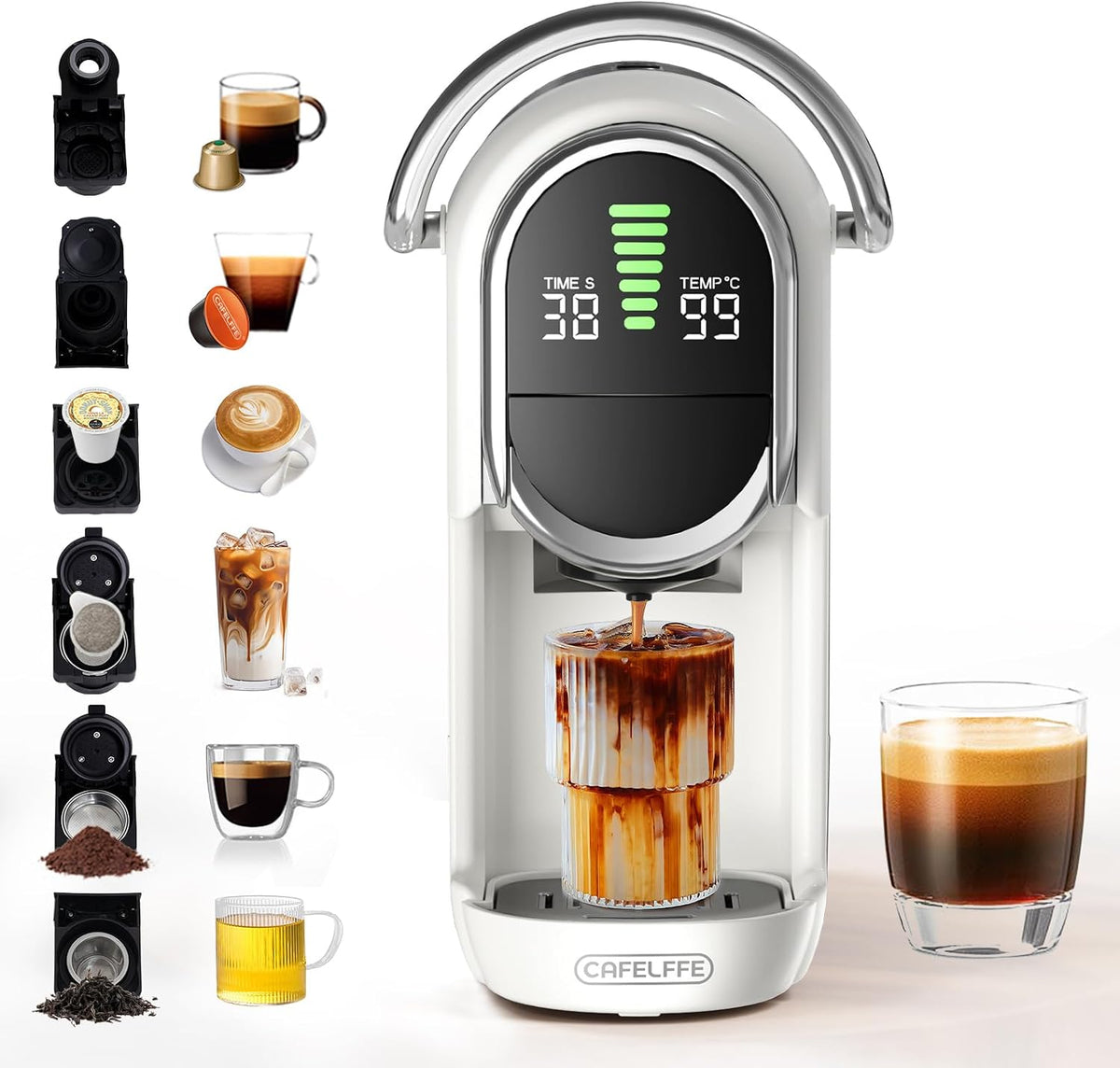 machine à café Cafelffe – cafetière | Blanc/Noir, à capsules MK-609S 6 en 1 avec soupape de pression automatique – 6 adaptateurs pour capsules